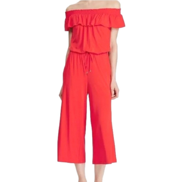 RALPH LAUREN Lauren Off The Shoulder Red Cropped Jumpsuit Medium Spring Rare - Picture 2 of 9